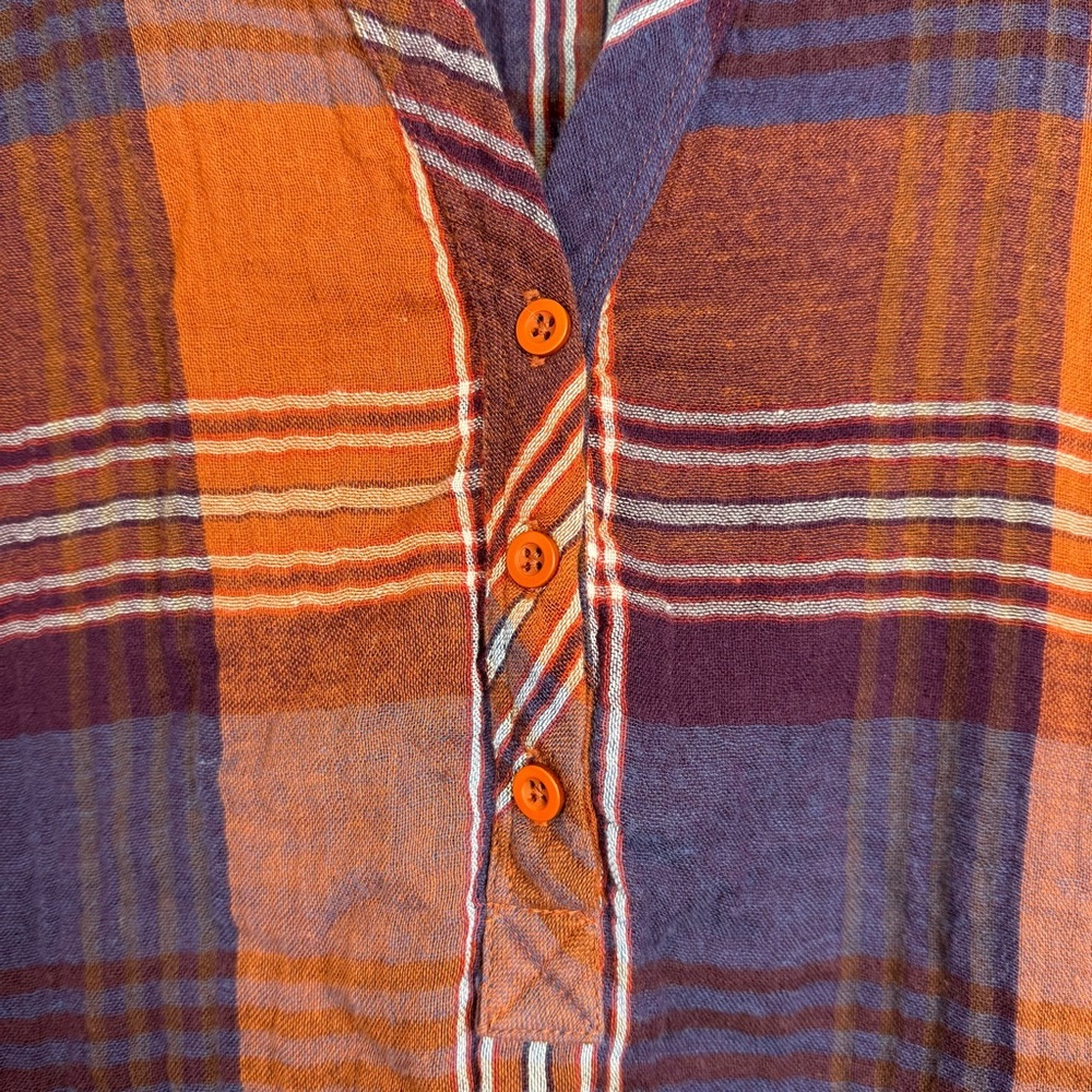 Garnet Hill‎ Organic Cotton Batwing Button Front Gauze Top Orange Purple Plaid 8 - Picture 5 of 8